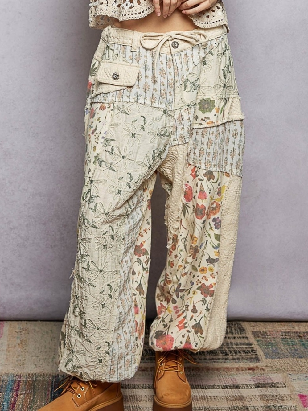 NWOT POL Boho Patchwork Floral Cream Wide-Leg Joggers